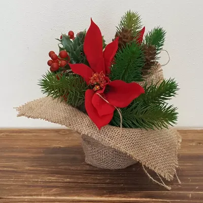 Centrotavolo sacco juta poinsettia/pigne rosso
